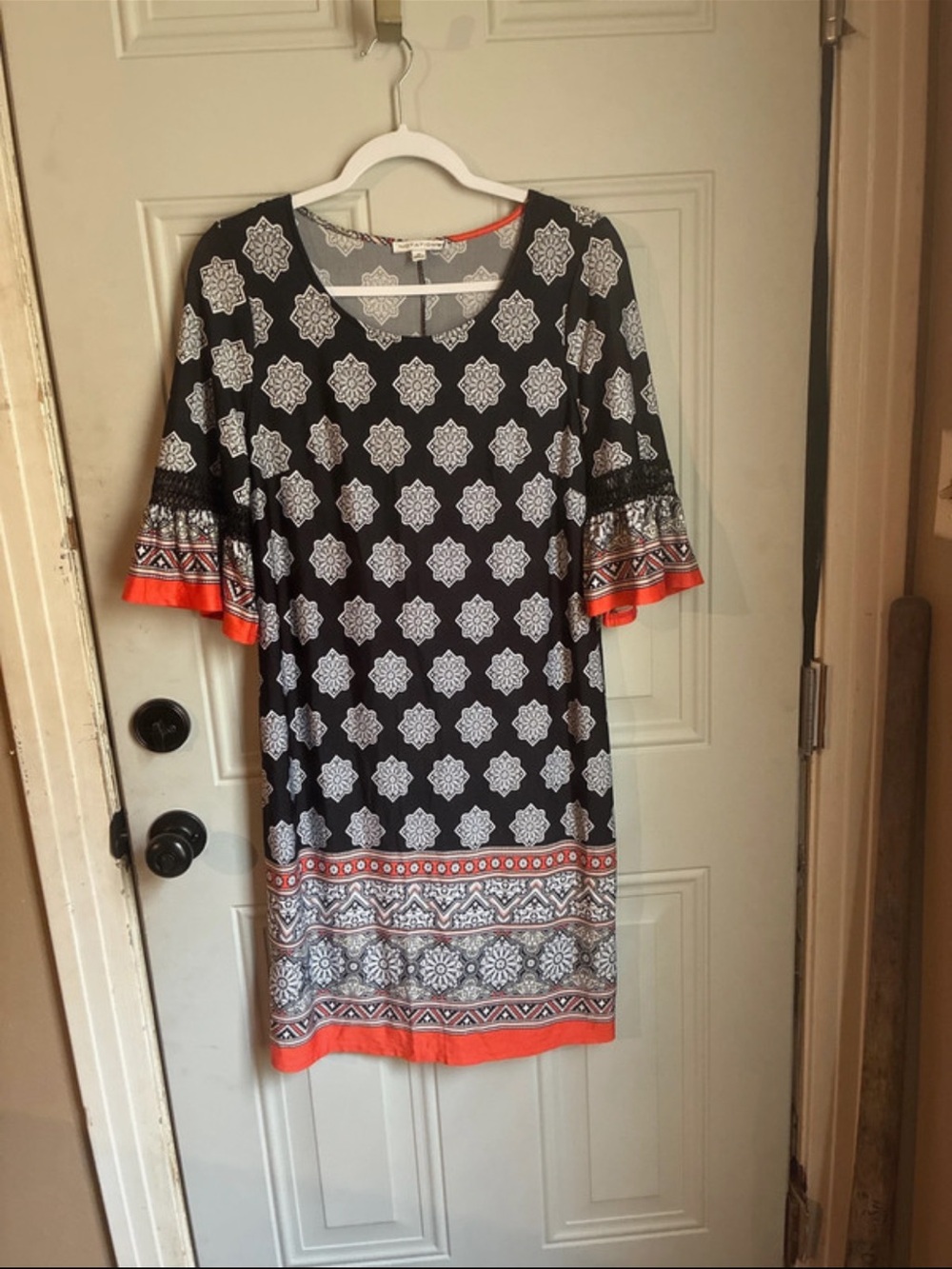 Notations Black and White Midi Dress with Orange Trim